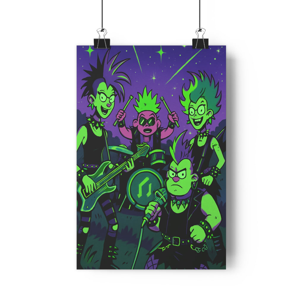 Poster décoratif moderne punk musiciens concert étoiles vert violet ambiance dynamique chambre aventureux qualité