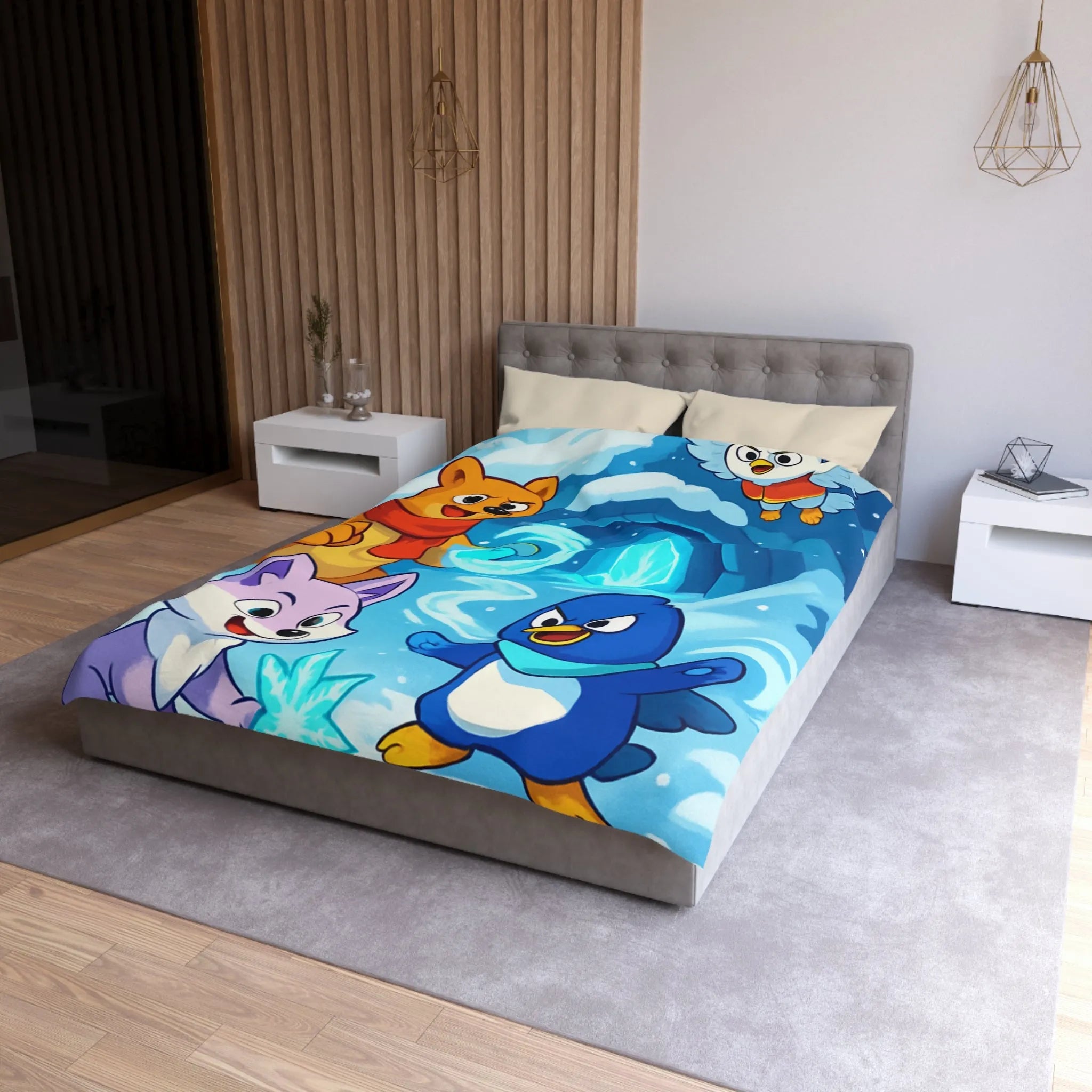 Housse de couette avec animaux animés dans un paysage hivernal magique et enneigé