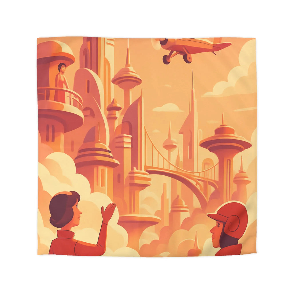 Housse de Couette Art Déco Futuriste avec Avion dans Ciel Orange et Ville Flottante
