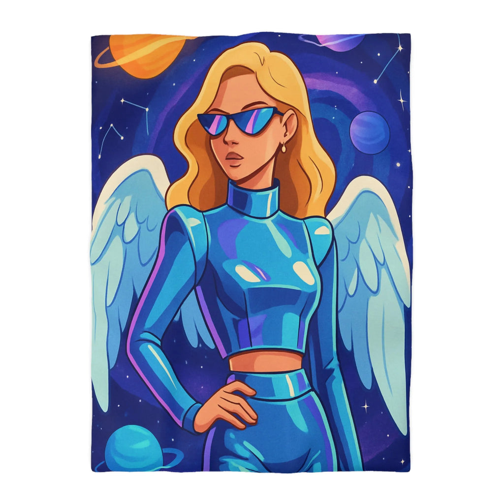 Housse de couette galactique avec ange moderne et planètes, style futuriste coloré