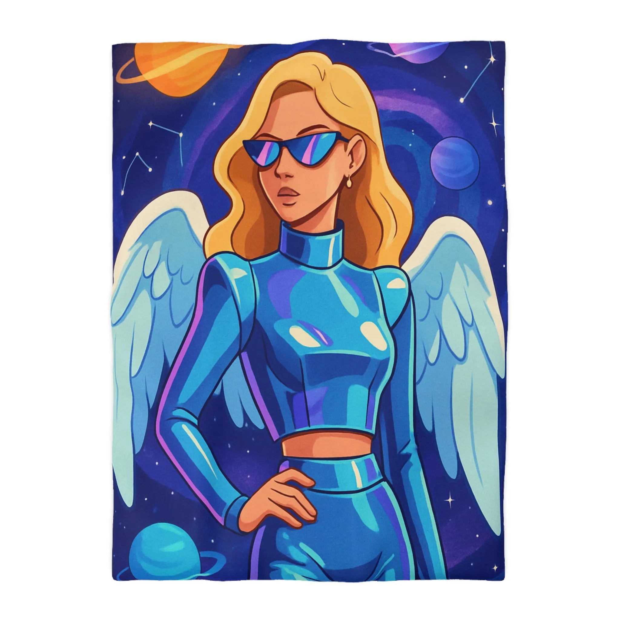 Housse de couette galactique avec ange moderne et planètes, style futuriste coloré