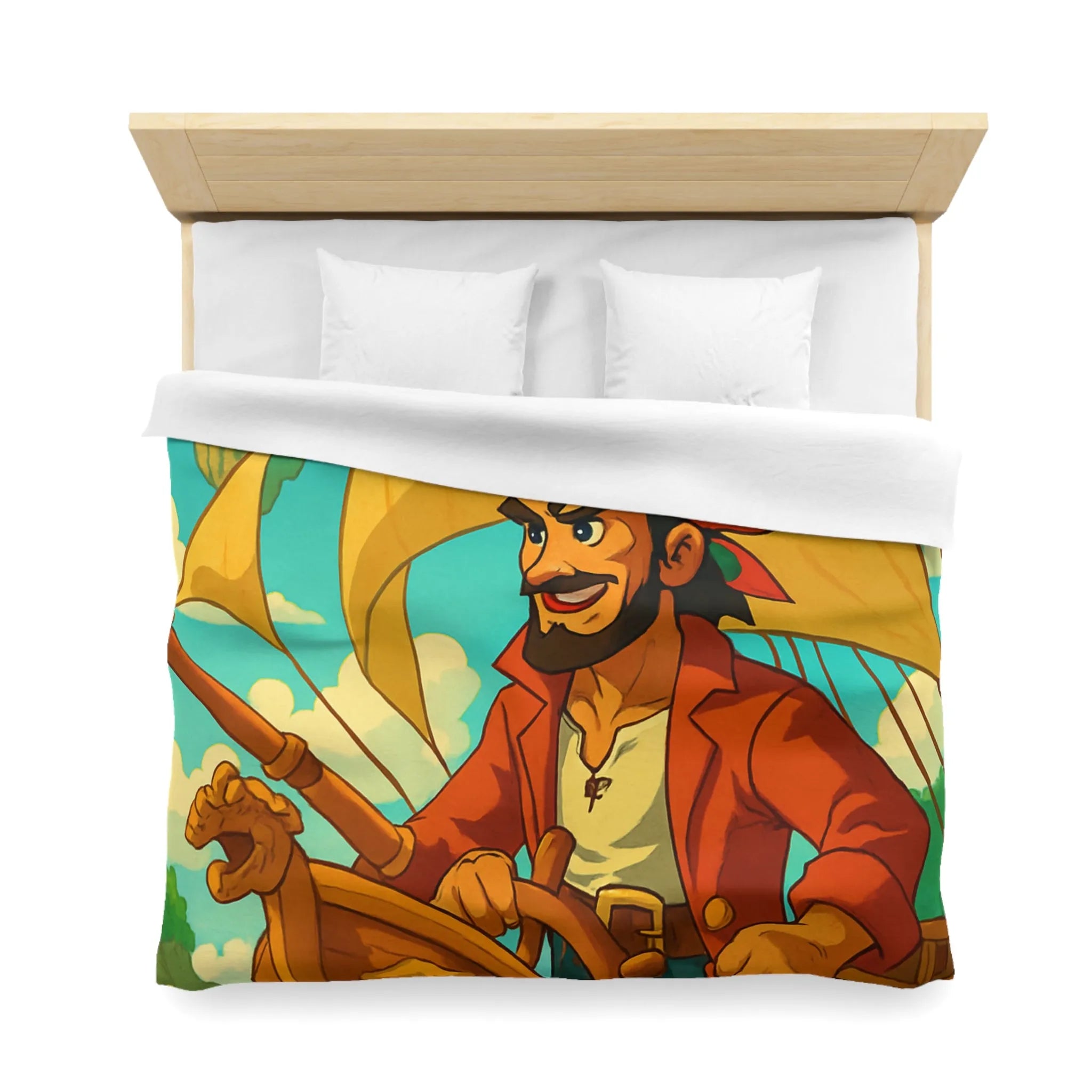 Housse de couette colorée avec pirate en bateau sur mer et îles flottantes