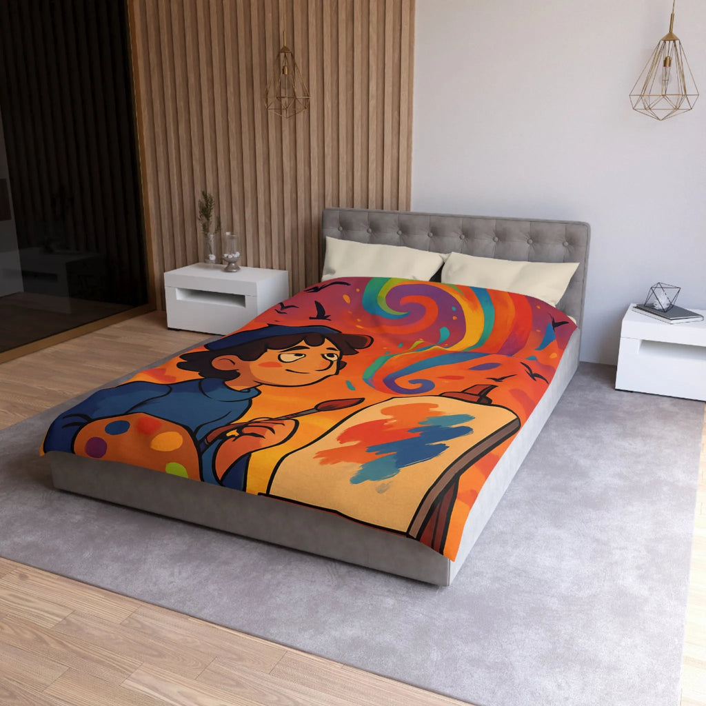 Housse de couette colorée avec artiste rêveur peignant sous ciel vibrant au crépuscule