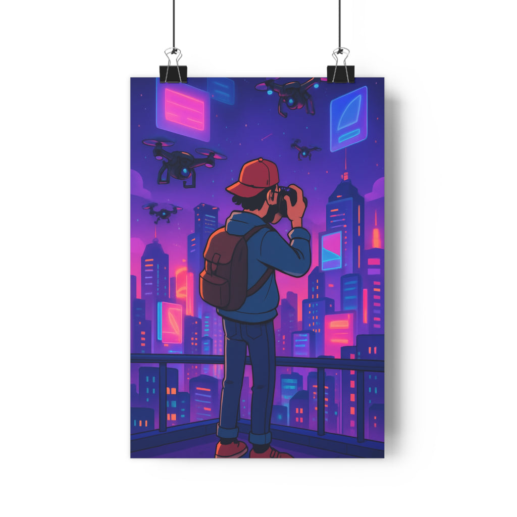 Poster décoratif cyberpunk néon rose bleu violet moderne salon bureau métropole futuriste vibrant 30x46