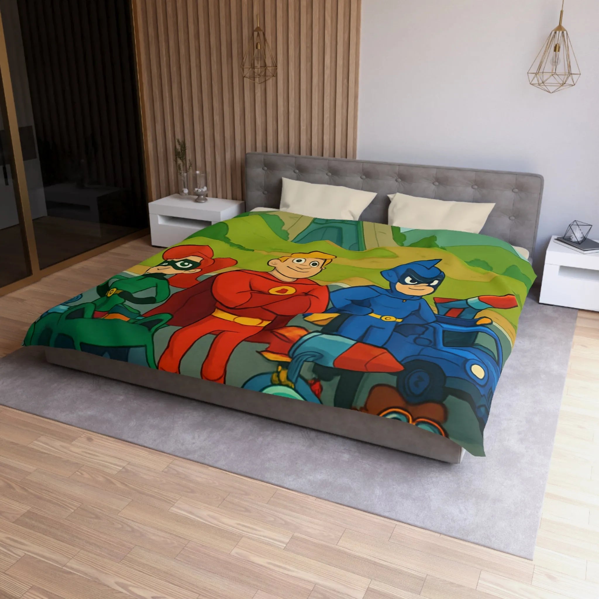 Housse de couette enfant avec super-héros et véhicules colorés dans paysage cartoon vibrant