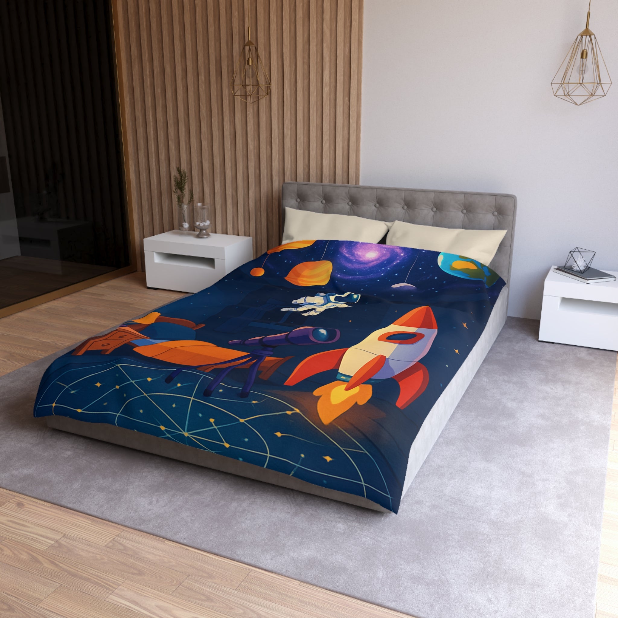 Housse de Couette Spatiale Enfant avec Astronaute Fusée et Planètes Colorées