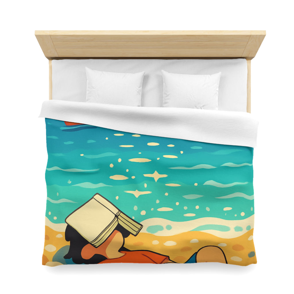 Housse de couette plage relaxante avec enfant, livre et mouettes en été ensoleillé