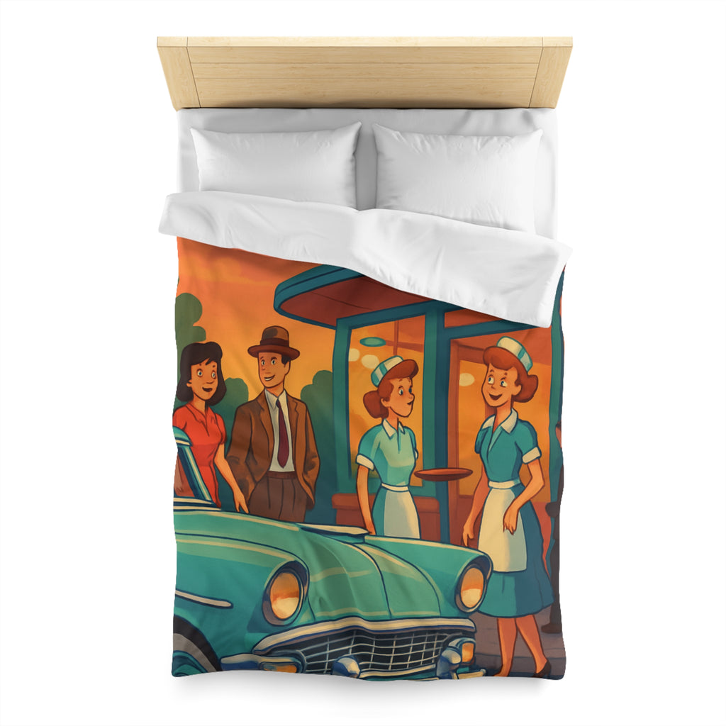 Housse de couette rétro avec illustration de café américain et voiture vintage