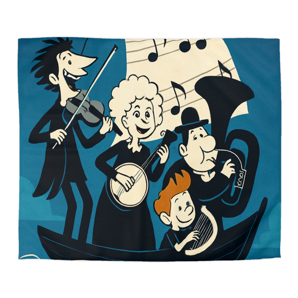Housse de couette musicale sur l'océan avec personnages dans un bateau joyeux