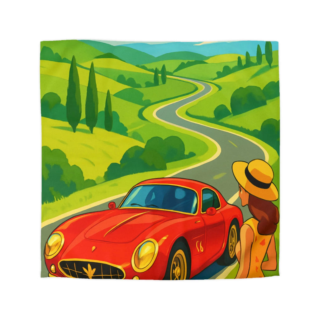 Housse de Couette Colorée avec Paysage Champêtre, Route Sinueuse et Voiture Rouge