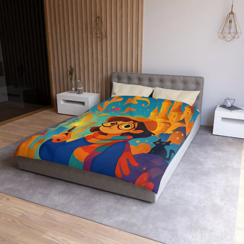 Housse de Couette Éclatante: Jeune Magicienne aux Couleurs Vives et Château Mystérieux