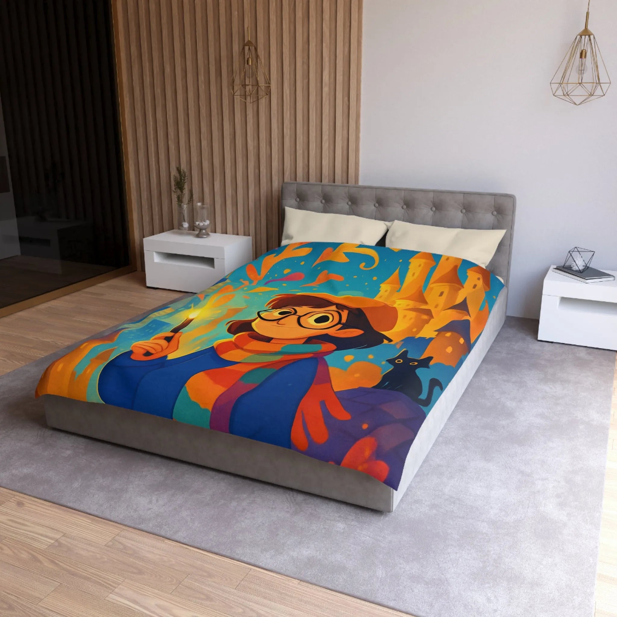 Housse de Couette Éclatante: Jeune Magicienne aux Couleurs Vives et Château Mystérieux