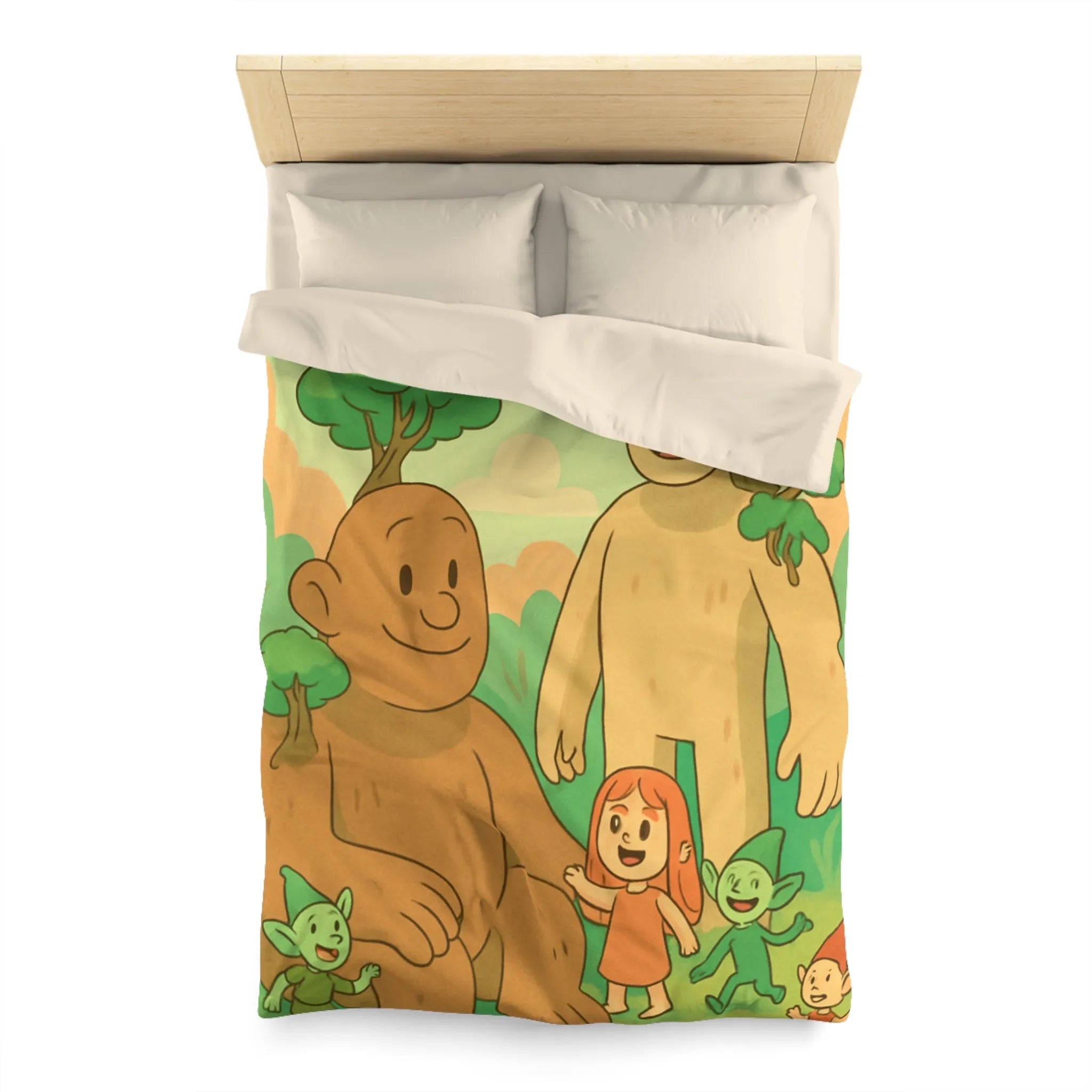 Housse de couette fantastique avec géants arborés et lutins dans une forêt enchantée