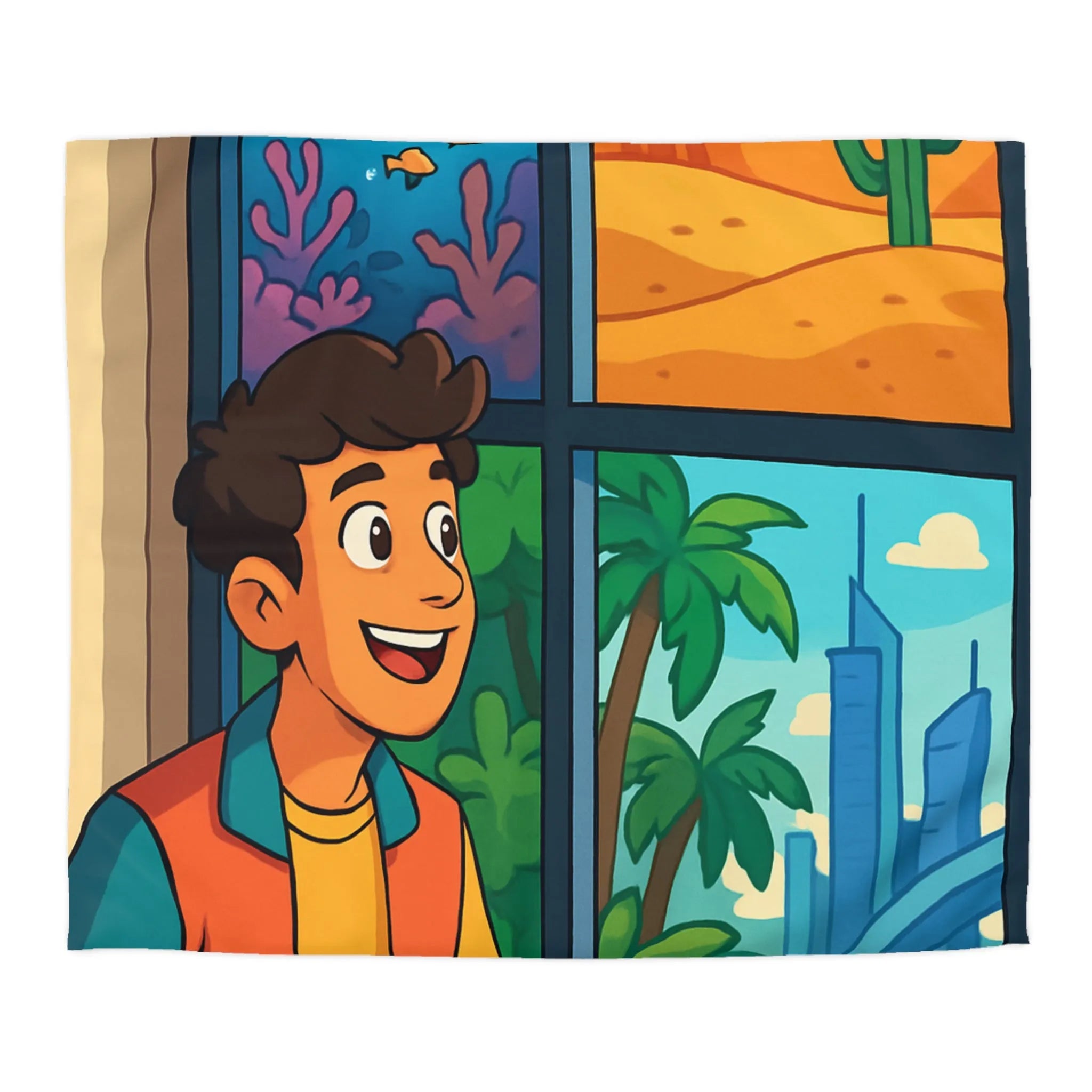 Housse de couette colorée avec paysage marin, désertique et urbain pour chambre d'enfant