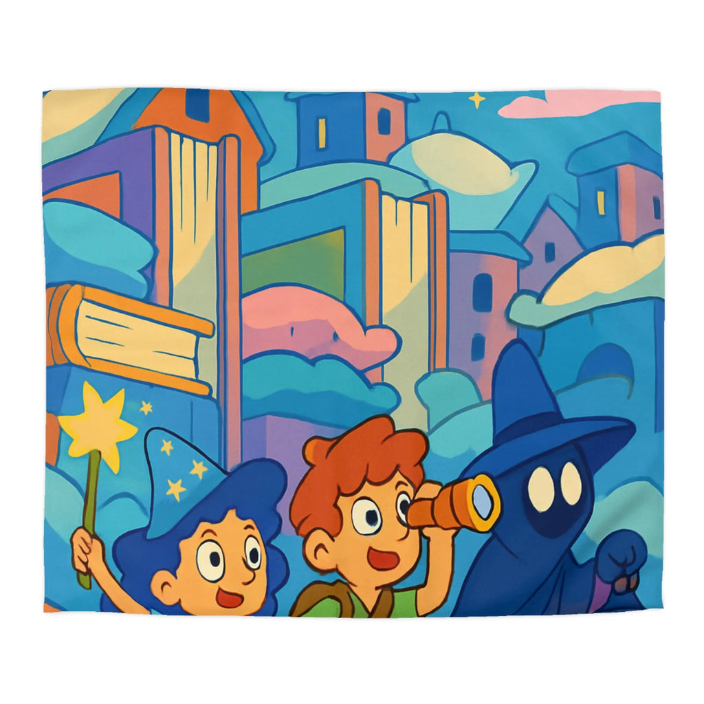 Housse de couette magique enfants avec illustration de sorcier, château et ciel étoilé