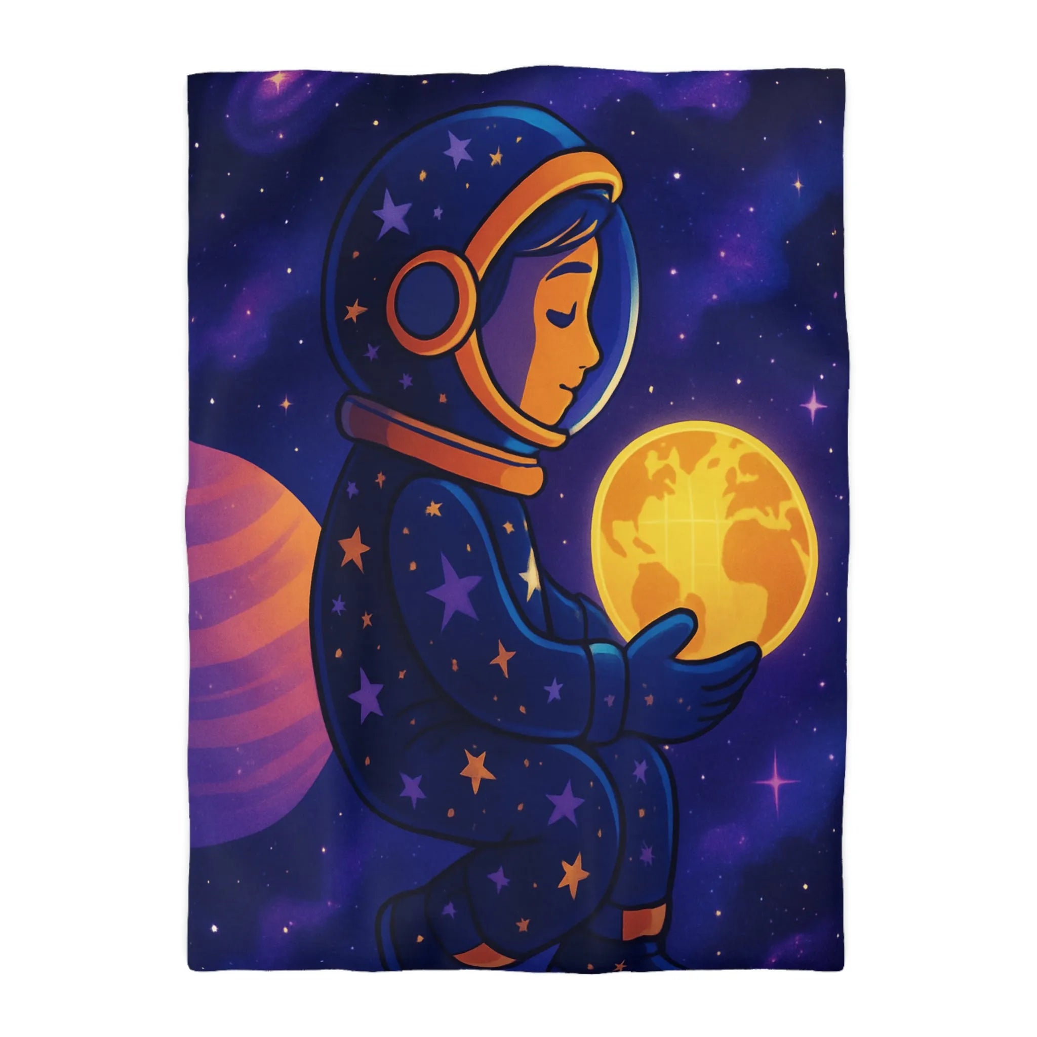 Housse de couette cosmos enfantine avec astronaute rêveur tenant une planète lumineuse