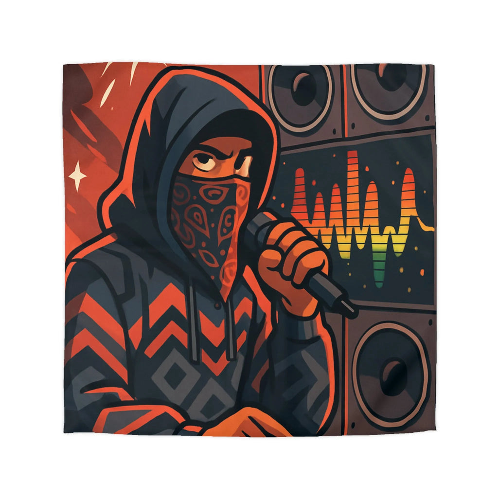 Housse de couette hip-hop urbaine avec rappeur et haut-parleurs, énergie musicale vibrante