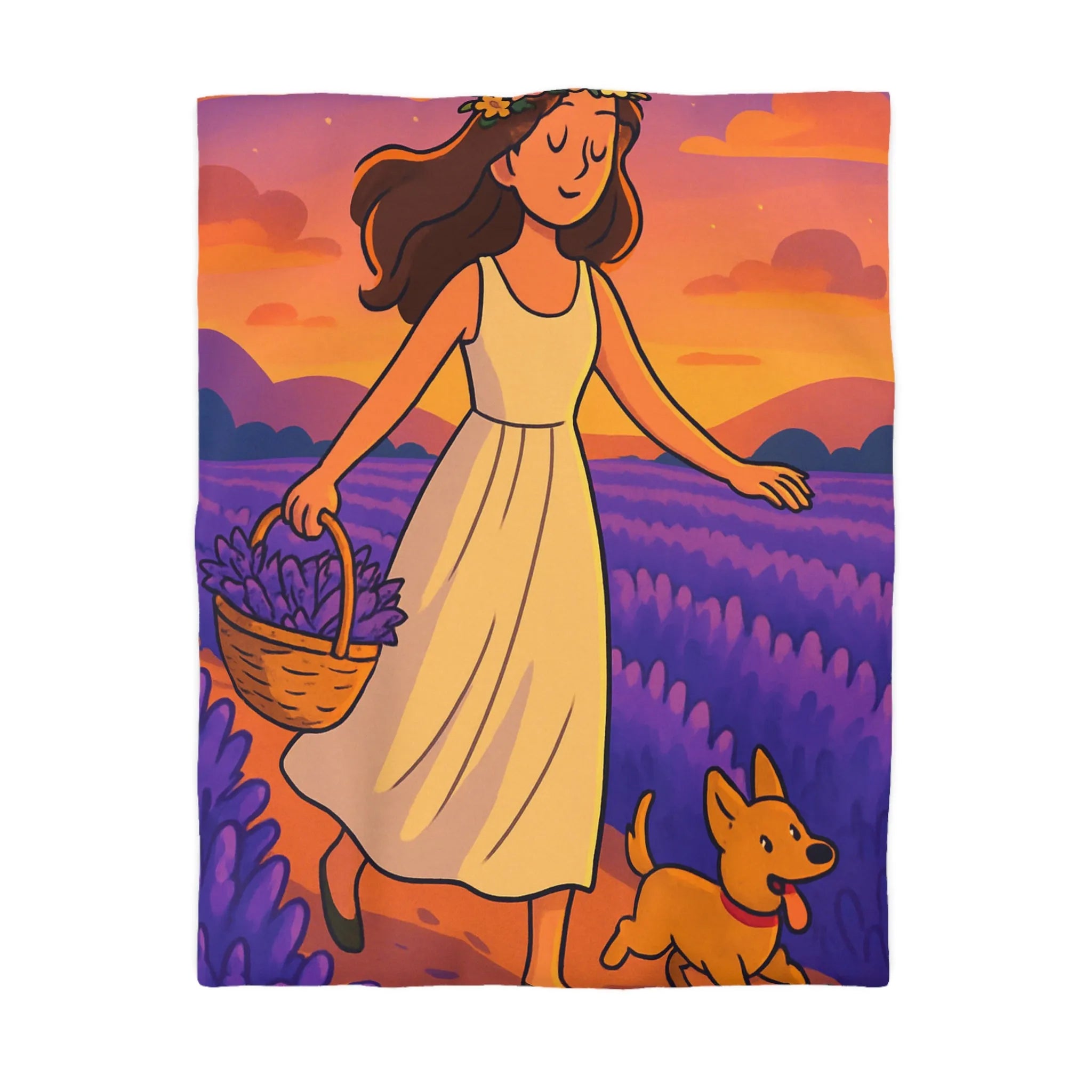 Housse de couette avec design fille et chien dans champ de lavande au coucher du soleil