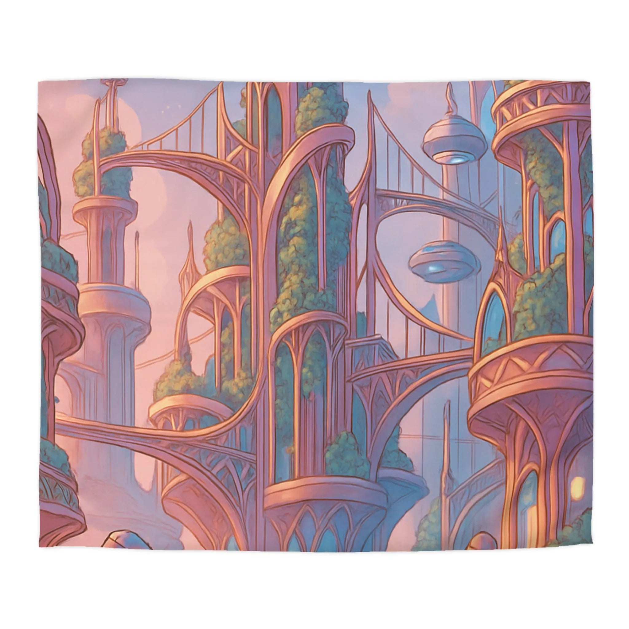 Housse de couette futuriste avec architecture élégante et robots dans tons pastel