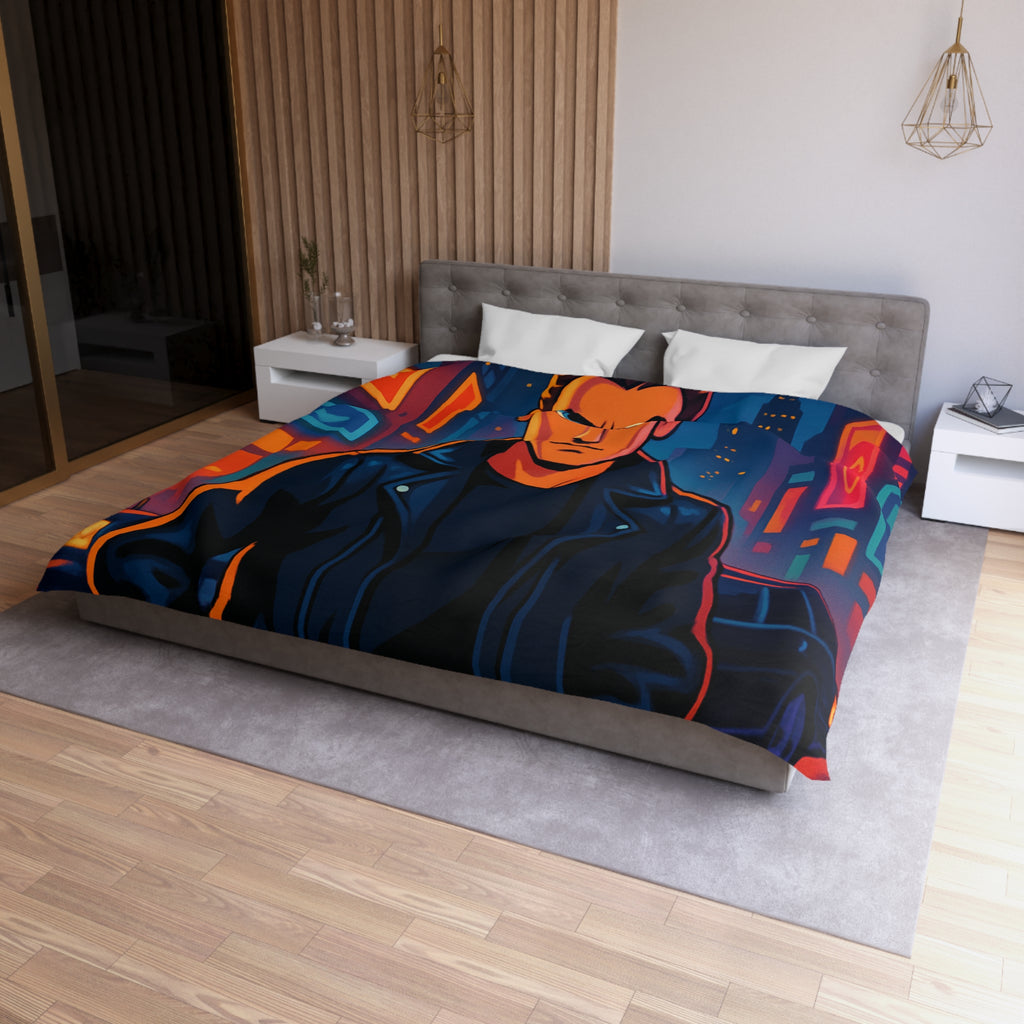 Housse de couette style rétro avec personnage en ville lumineuse sous pleine lune