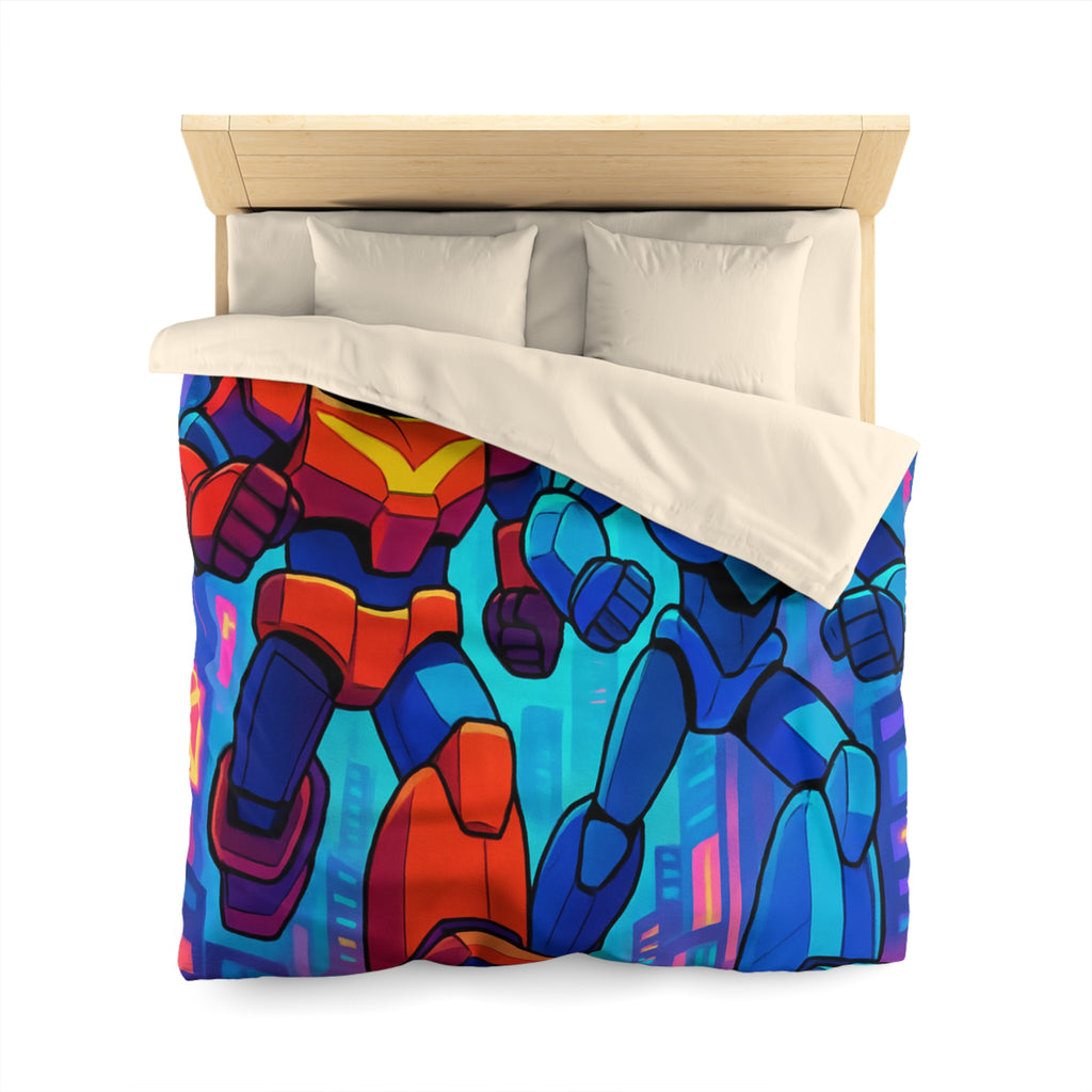 Housse de couette robot futuriste colorée, style rétro avec ambiance urbaine dynamique