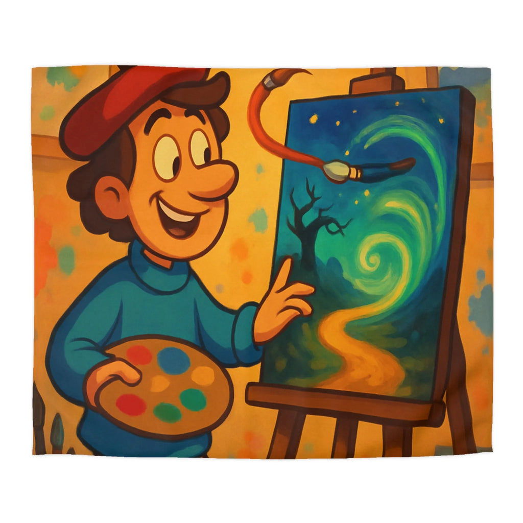 Housse de Couette Colorée avec Peintre Joyeux et Peinture Tourbillonnante Étoilée et Mystique