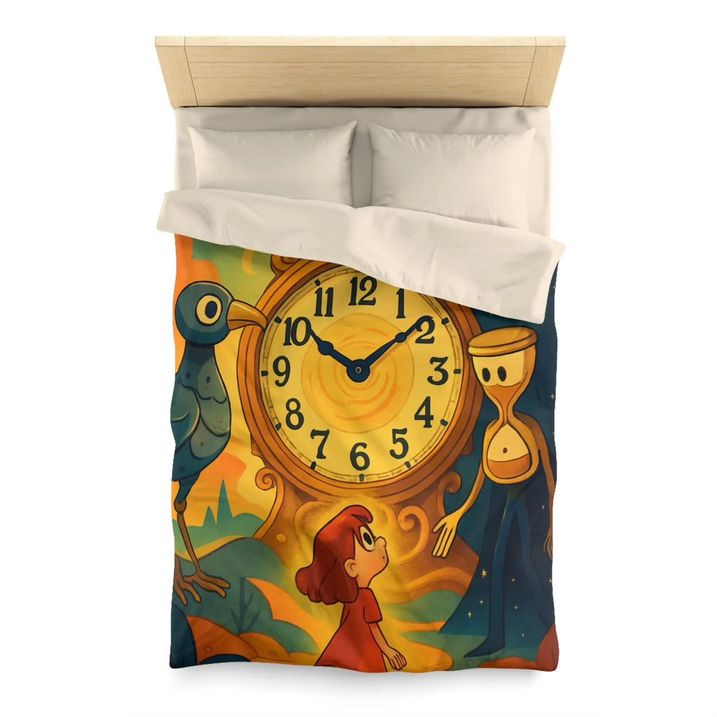 Housse de couette fantastique avec horloge magique et personnages mystérieux en illustration onirique