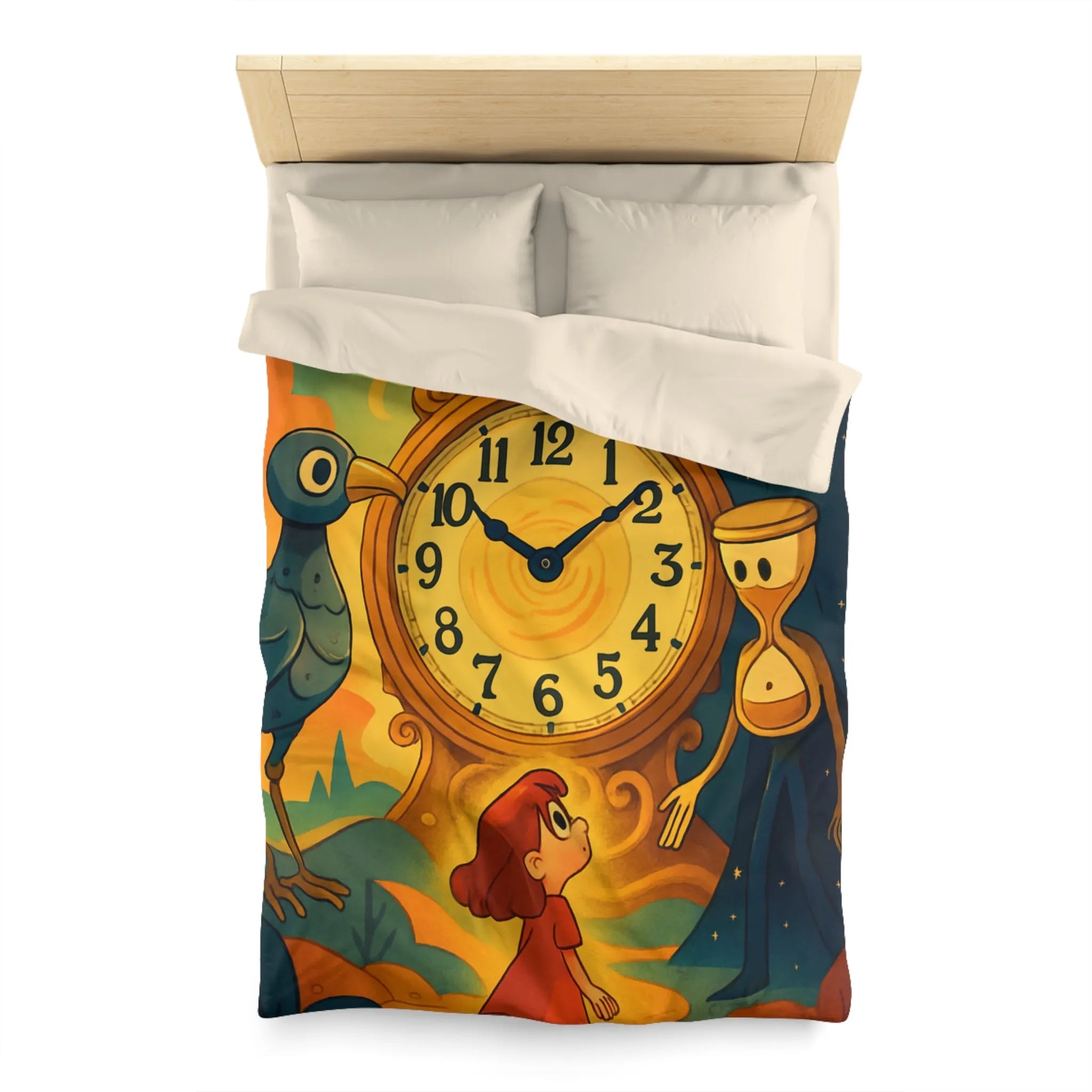 Housse de couette fantastique avec horloge magique et personnages mystérieux en illustration onirique