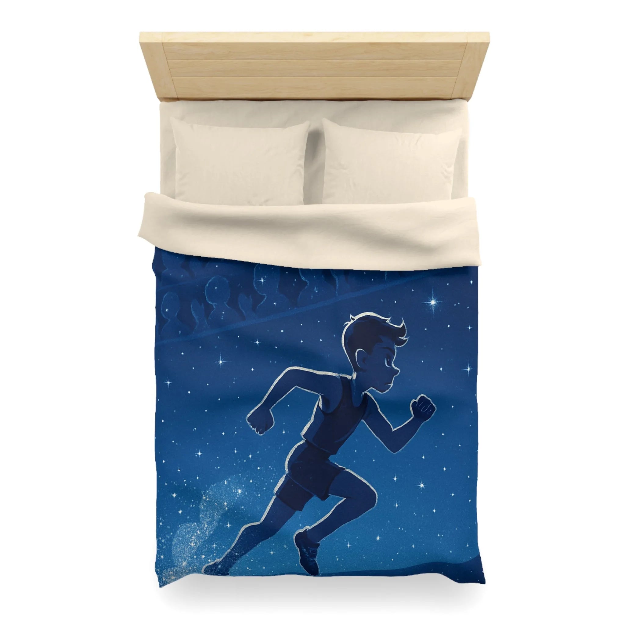 Housse de couette bleue nuit avec silhouette d'enfant courant sous ciel étoilé