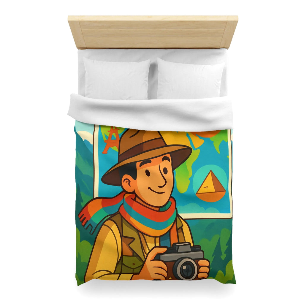 Housse de Couette Aventure Monde Carte Explorateur avec Illustrations Colorées et Éléments Culturels