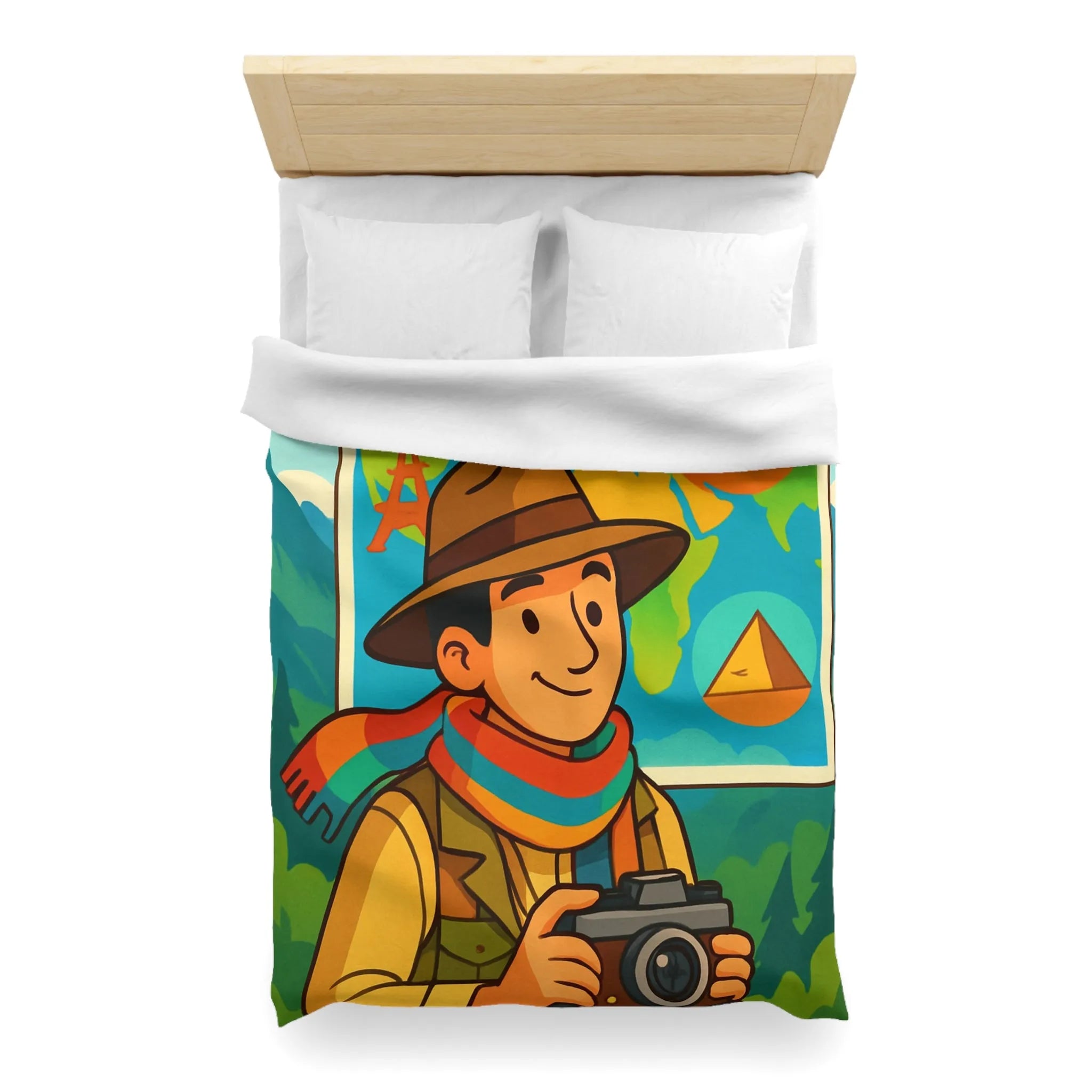 Housse de Couette Aventure Monde Carte Explorateur avec Illustrations Colorées et Éléments Culturels