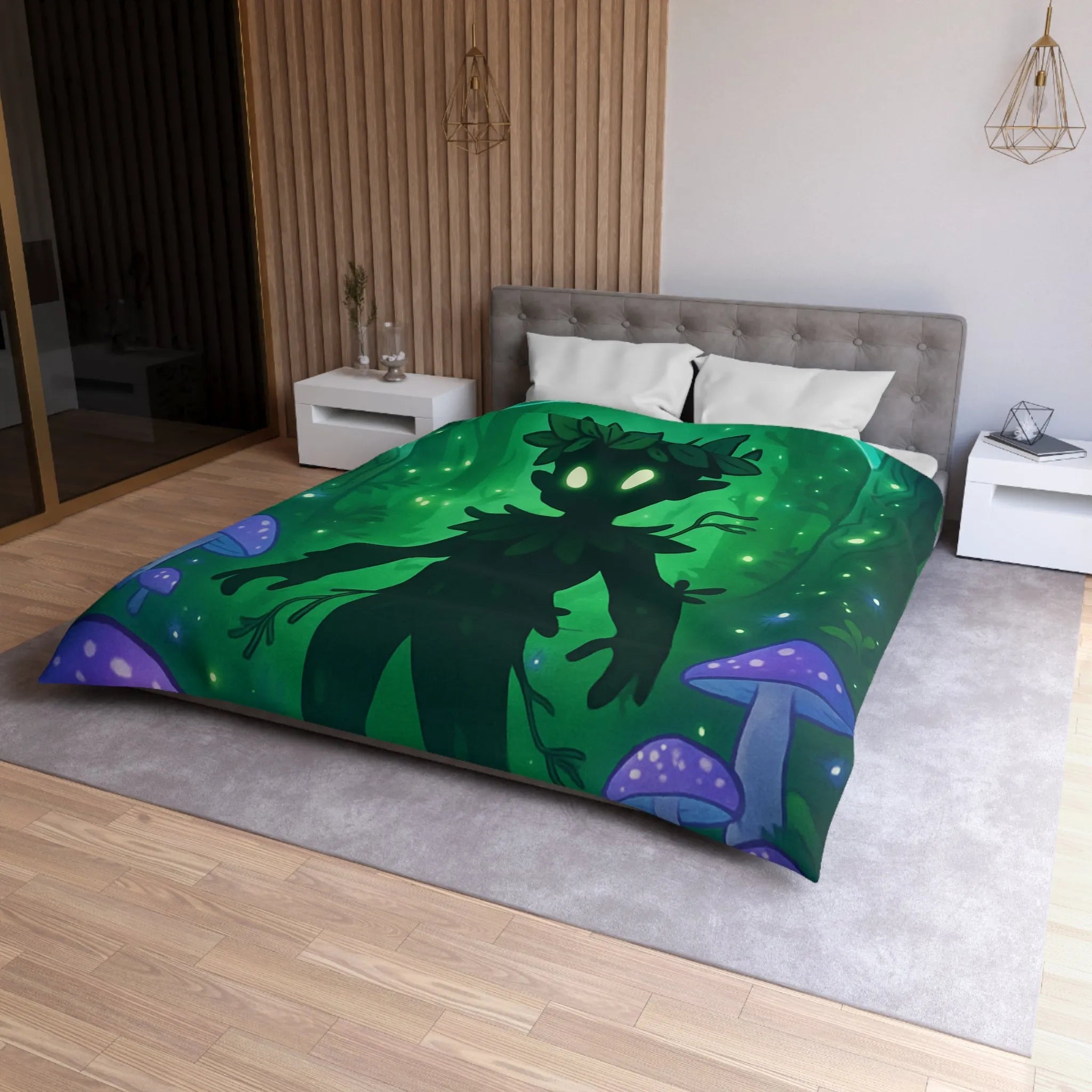 Housse de couette féerique avec créature forestière et champignons lumineux dans la nuit