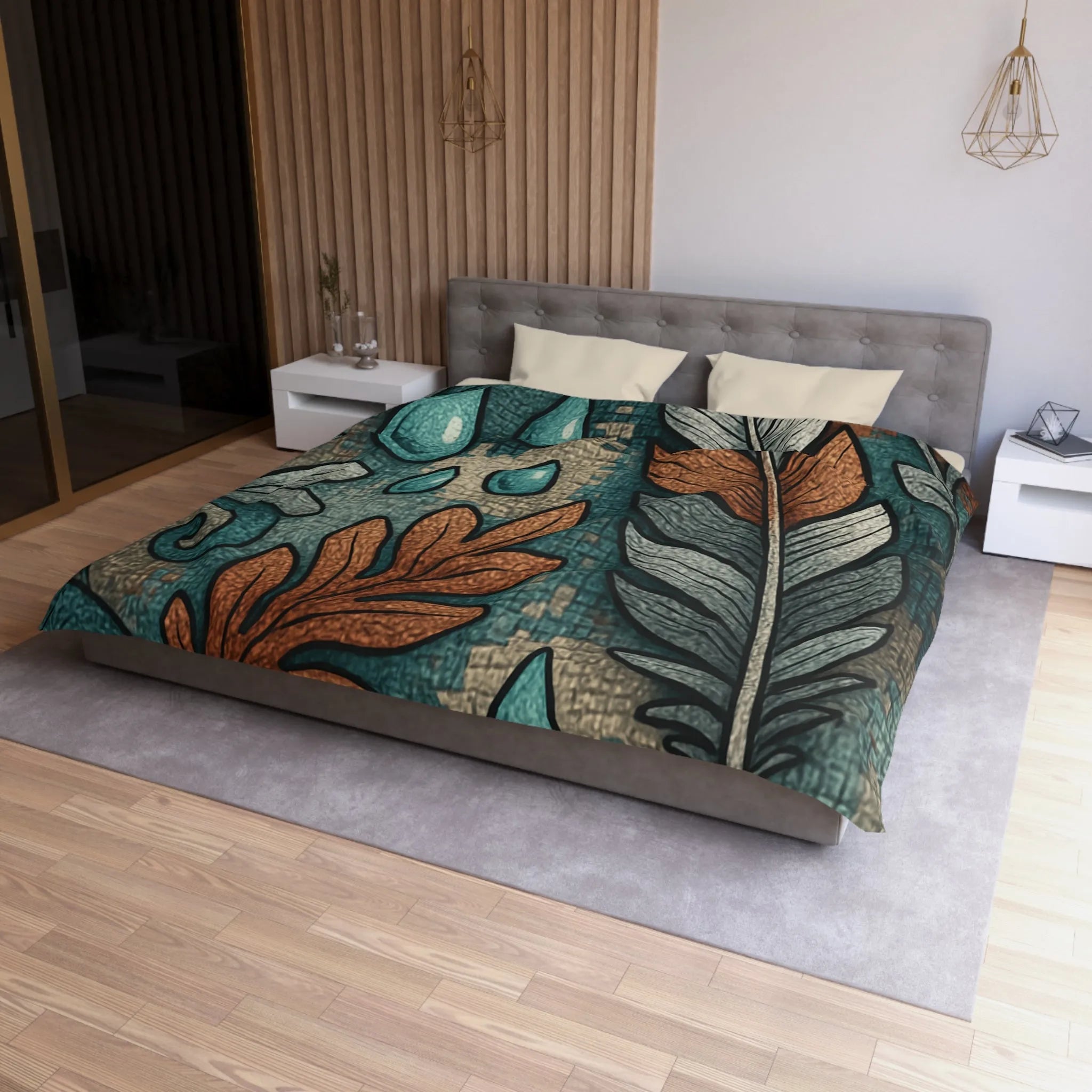 Housse de Couette Élégante avec Plumes et Feuilles, Teintes Bleues et Oranges