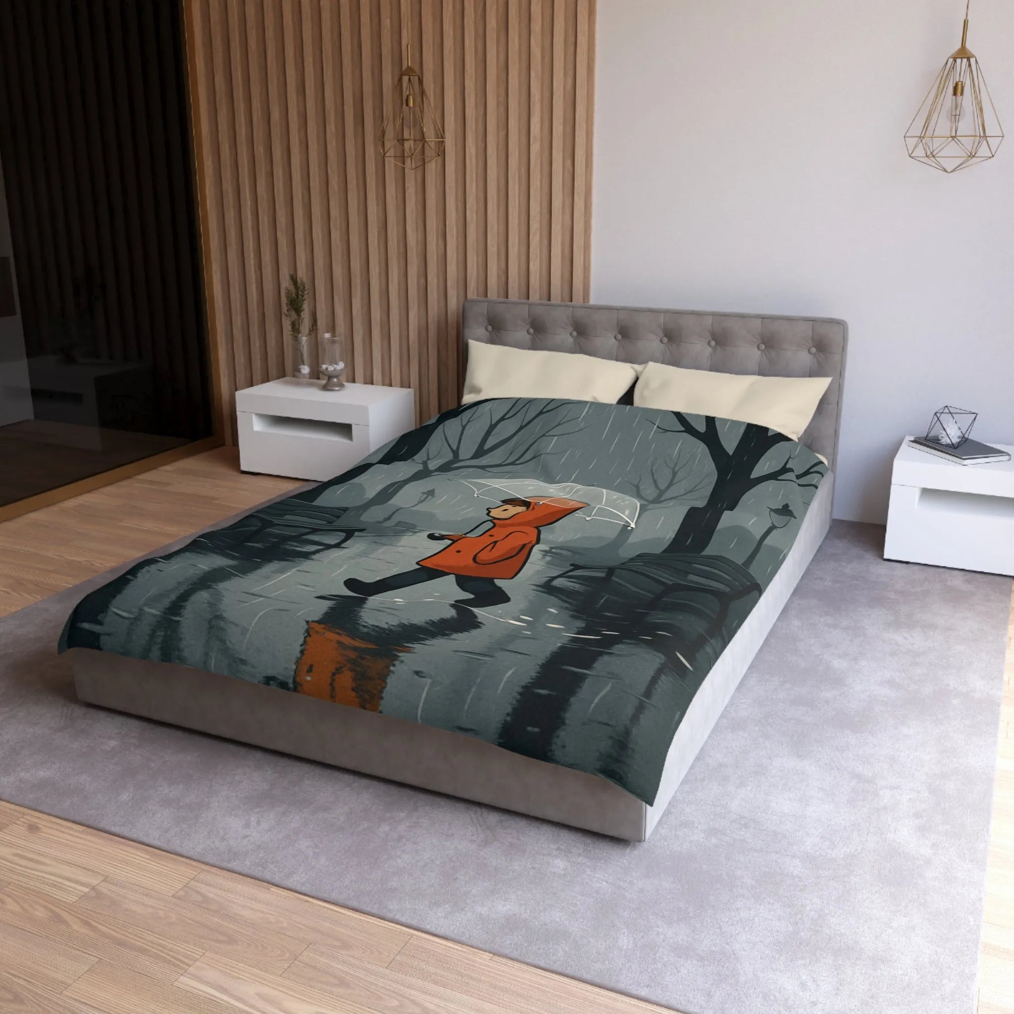 Housse de couette avec illustration d'enfant marchant sous la pluie en forêt brumeuse