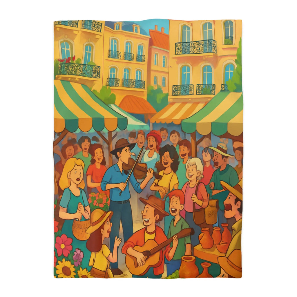 Housse de couette colorée avec scène de marché animé et ambiance joyeuse en plein air