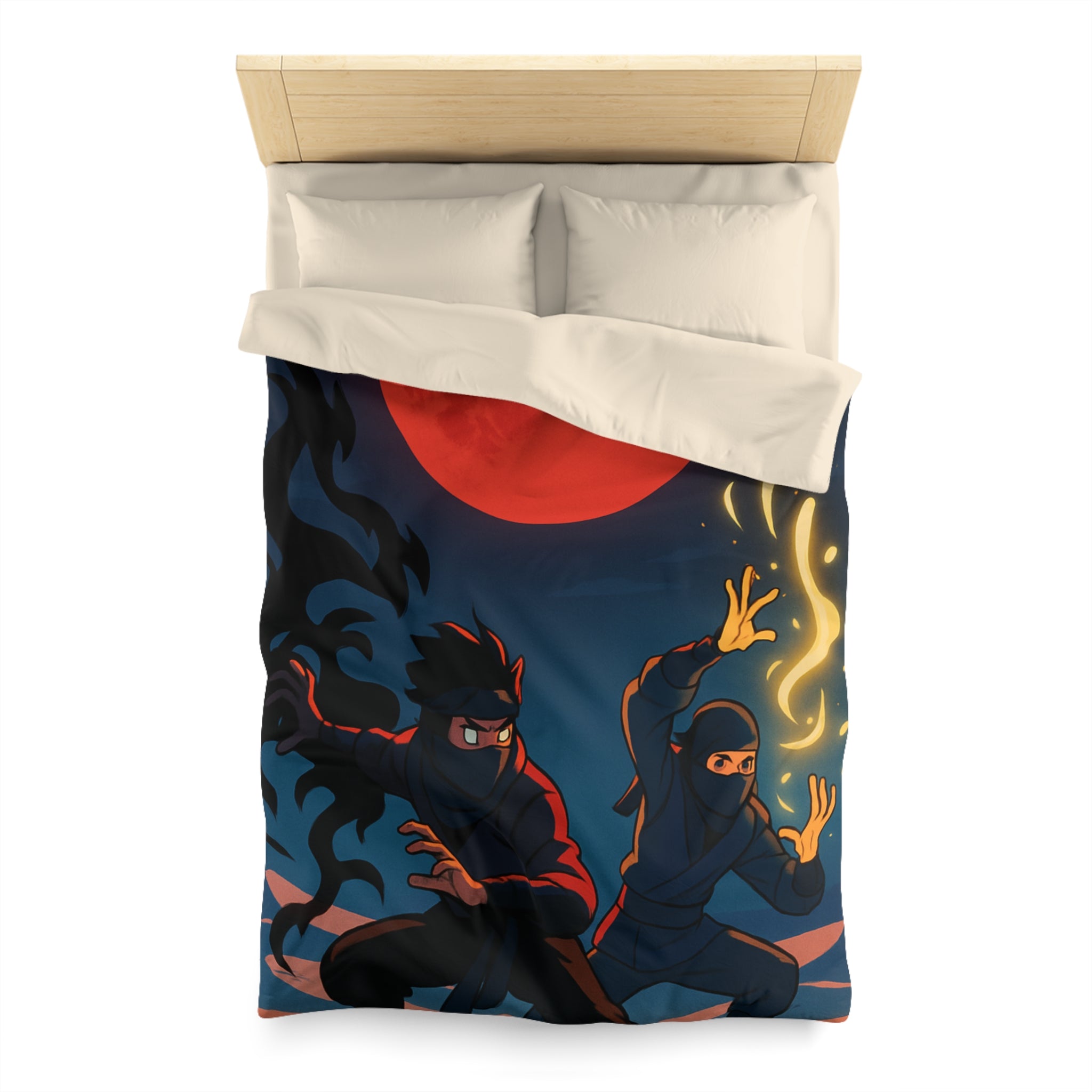 Housse de Couette Ninja avec Lune Rouge et Pouvoirs Mystiques en Fond Sombre