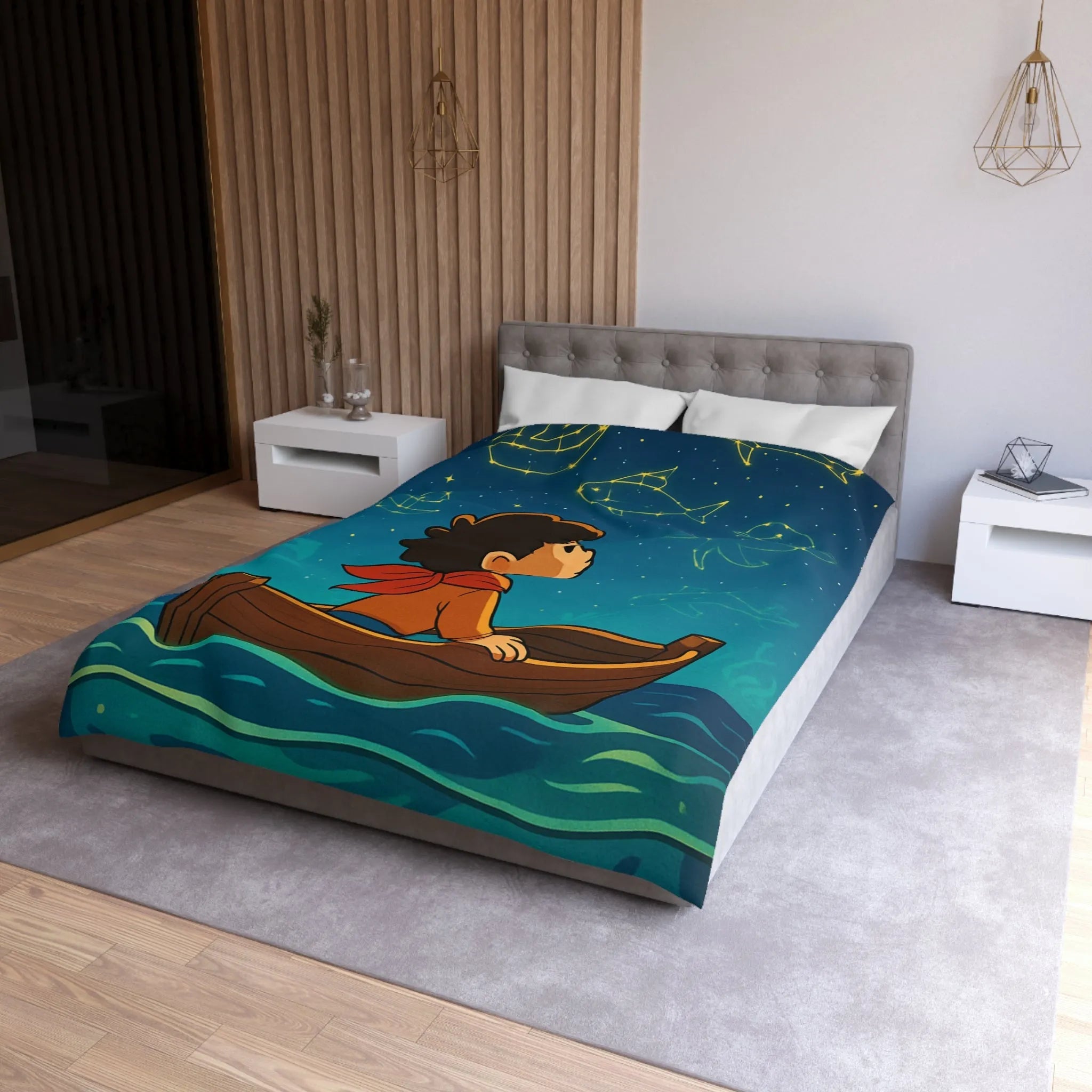 Enfant rêveur explorant les constellations marines lumineuses depuis un petit bateau paisible