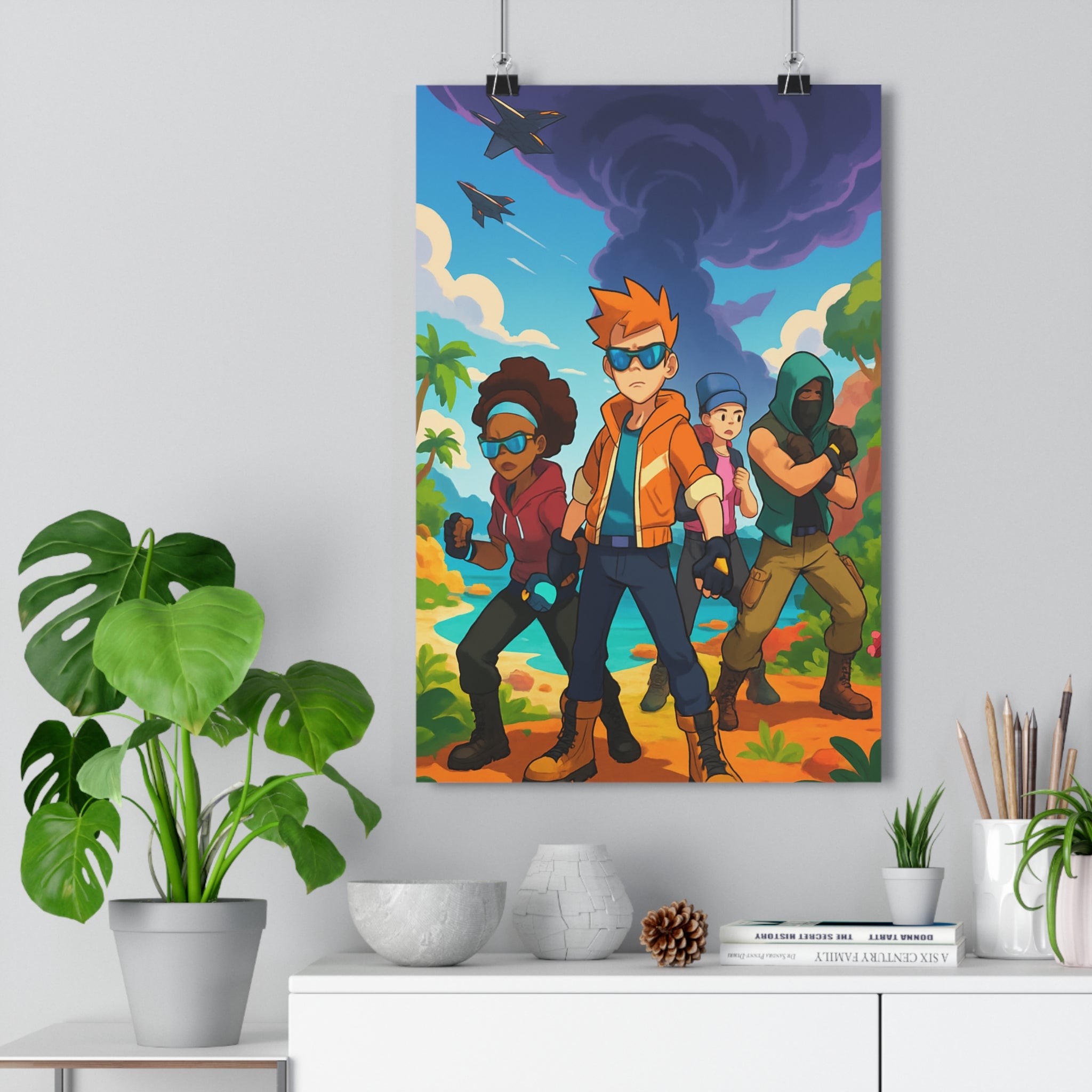 Poster décoratif dynamique dessin animé bleu orange chambre gamer ambiance intense futuriste action tendance
