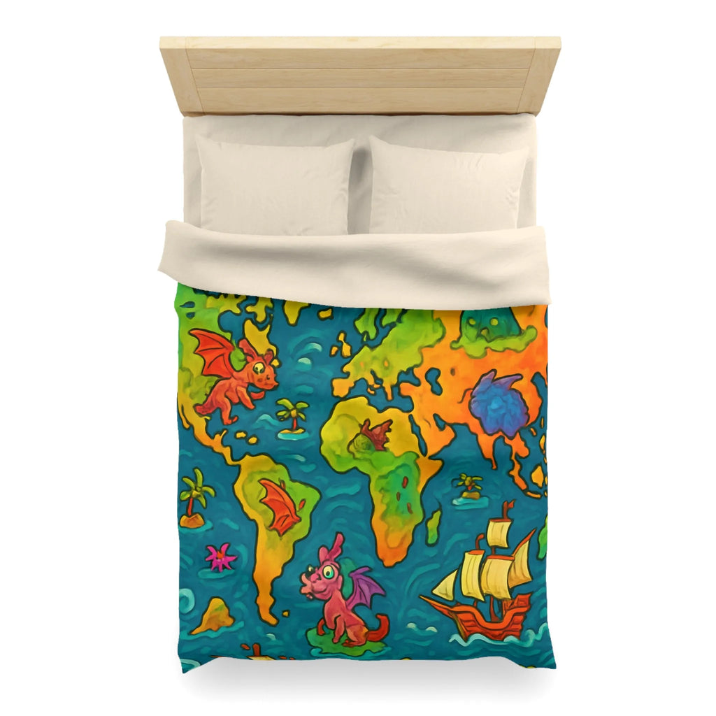 Housse de couette carte monde fantastique avec dragons et bateaux pour enfant
