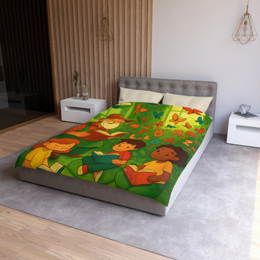 Housse de couette éducative avec scène de lecture, papillons et nature verdoyante