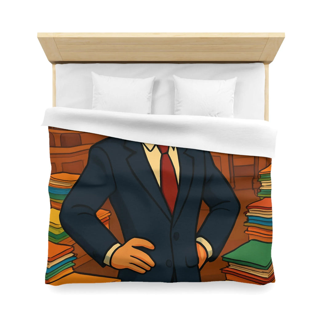 Élégante housse de couette rétro, piles de dossiers colorés, personnage confiant et distingué