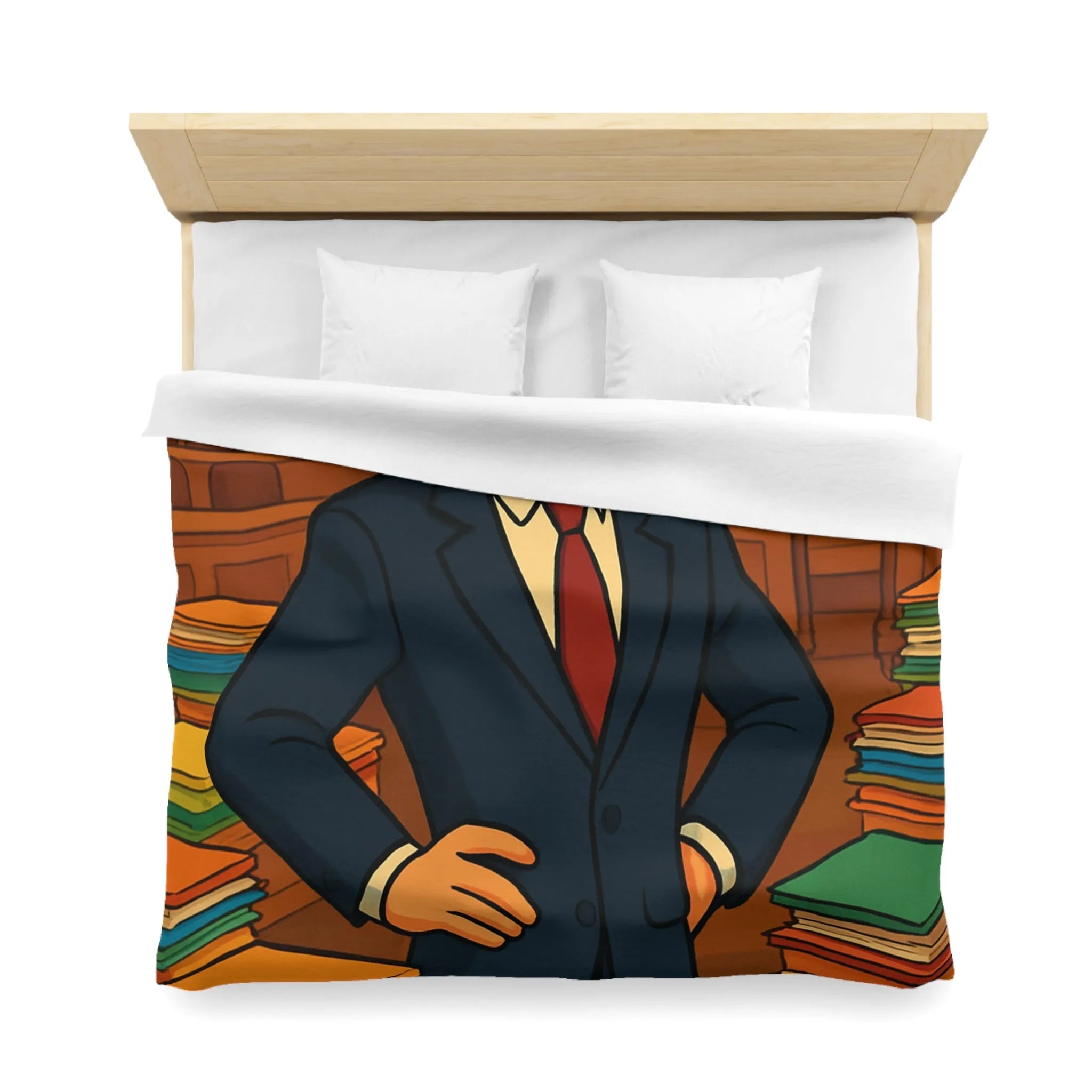 Élégante housse de couette rétro, piles de dossiers colorés, personnage confiant et distingué