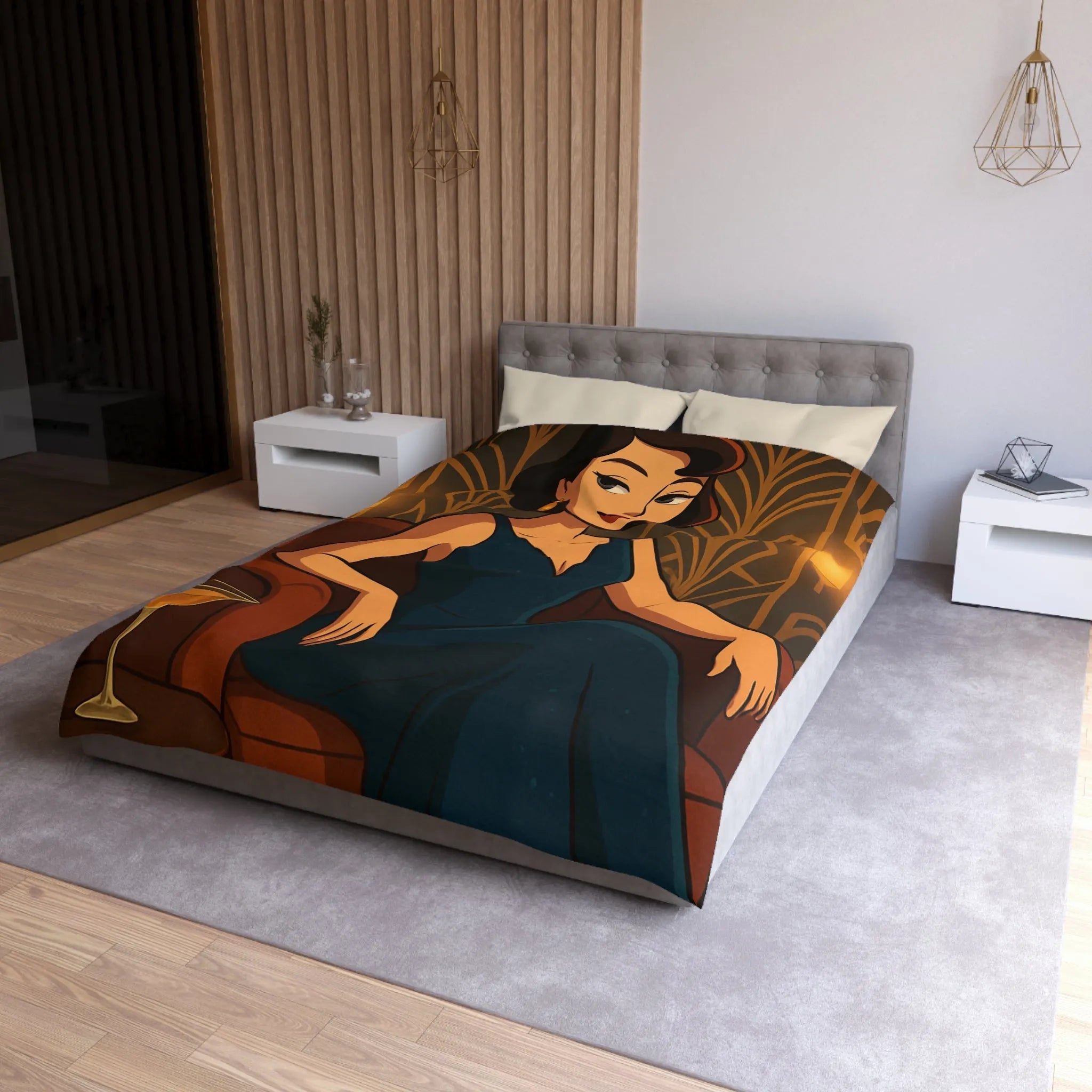 Élégance Art Déco : Housse de couette avec design femme glamour et cocktail martini