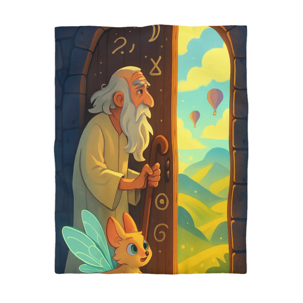 Housse de Couette Fantastique avec Ancien Sage et Paysage Magique Étoilé Soufflant