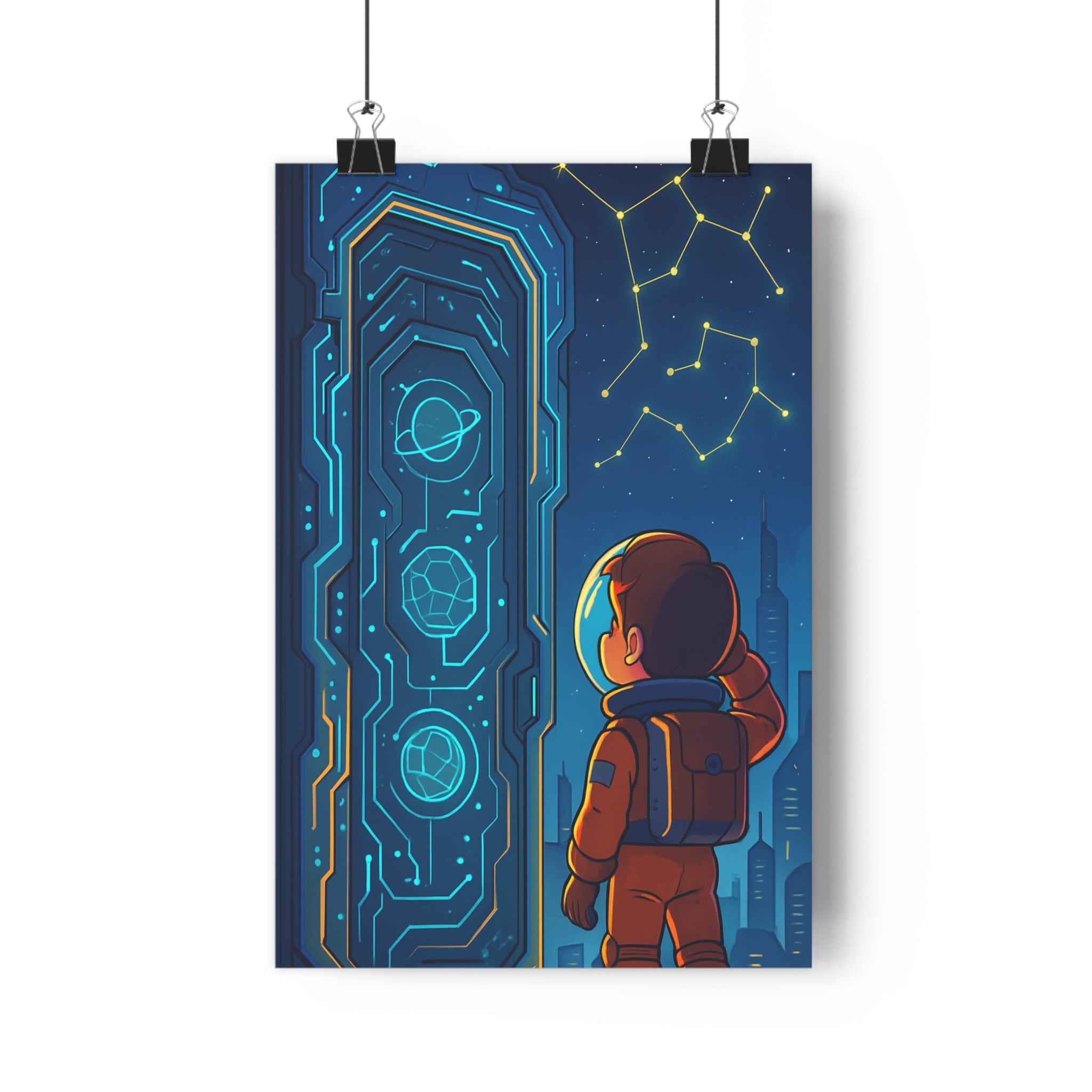 Poster décoratif astronaute futuriste bleu orange animation numérique sciencefiction chambre bureau 30x46 cm qualité