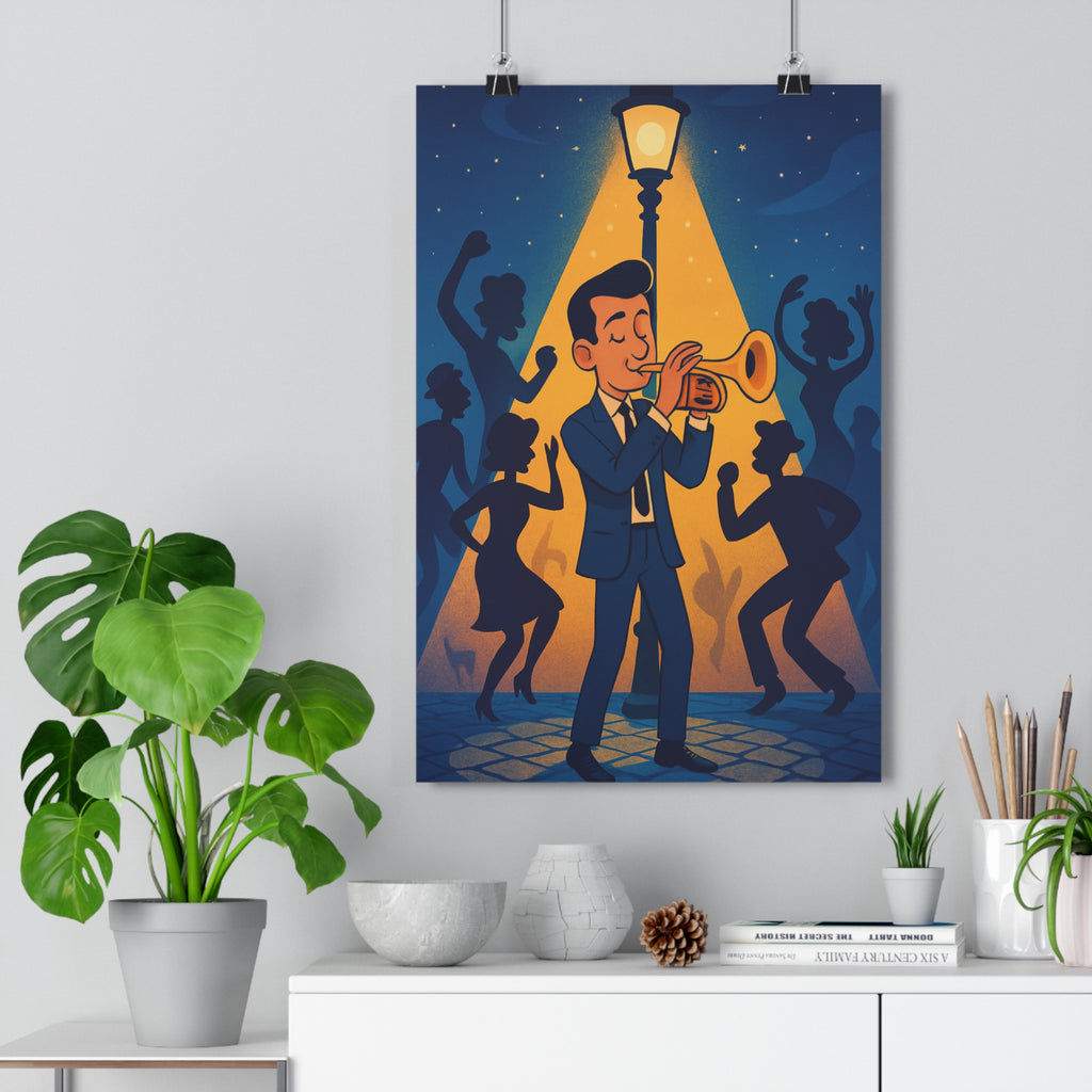 Poster décoratif jazz nocturne cartoon bleu orange salon musique ambiance festive moderne qualité premium