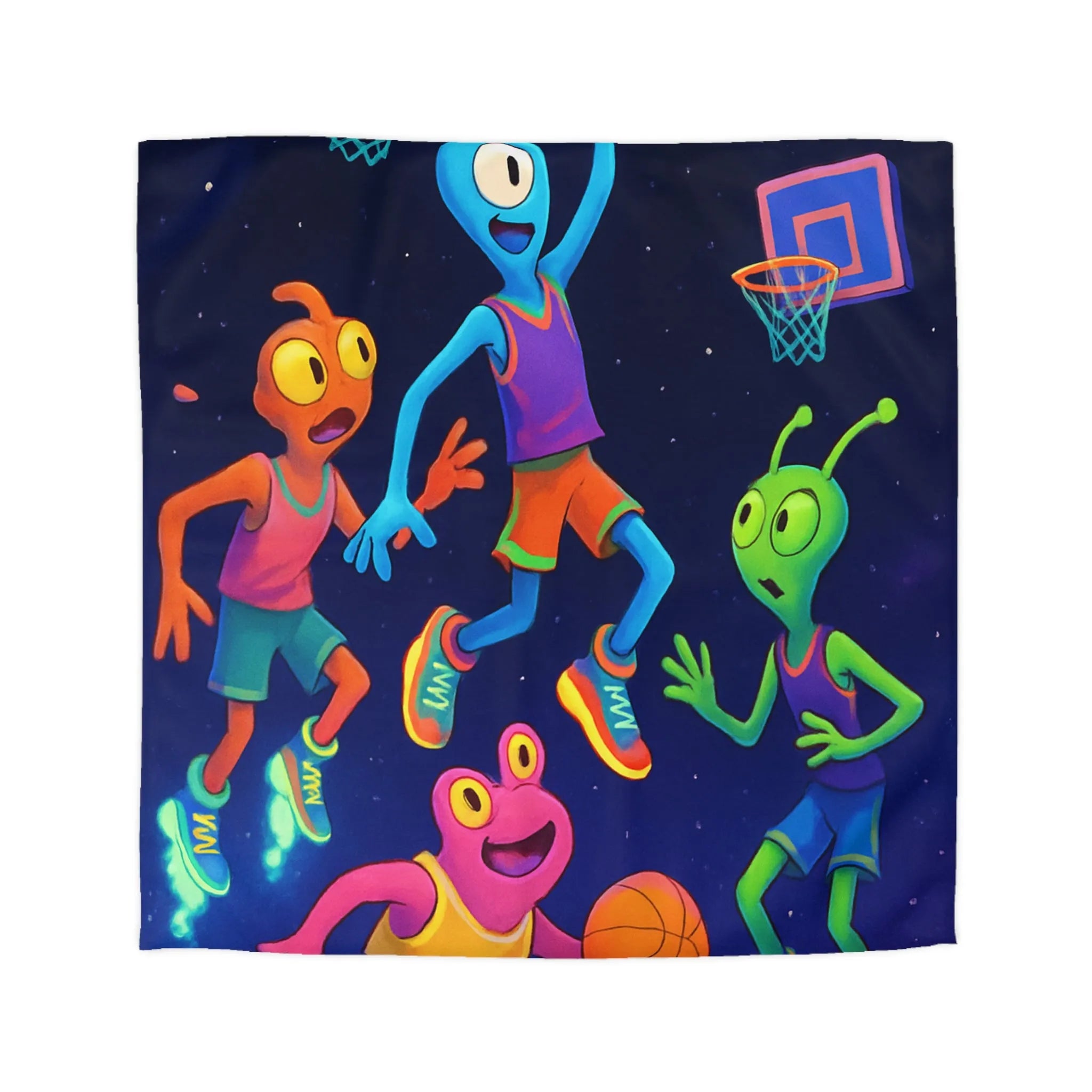 Housse de couette avec extraterrestres jouant au basket, ambiance lumineuse et amusante
