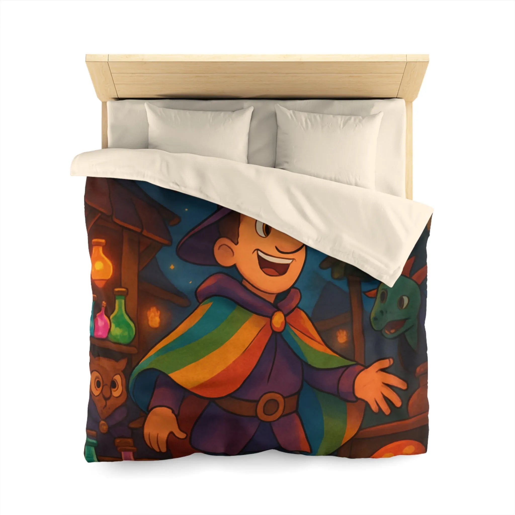 Housse de couette magique avec envoûtant motif de sorcier, dragon et livres enchantés