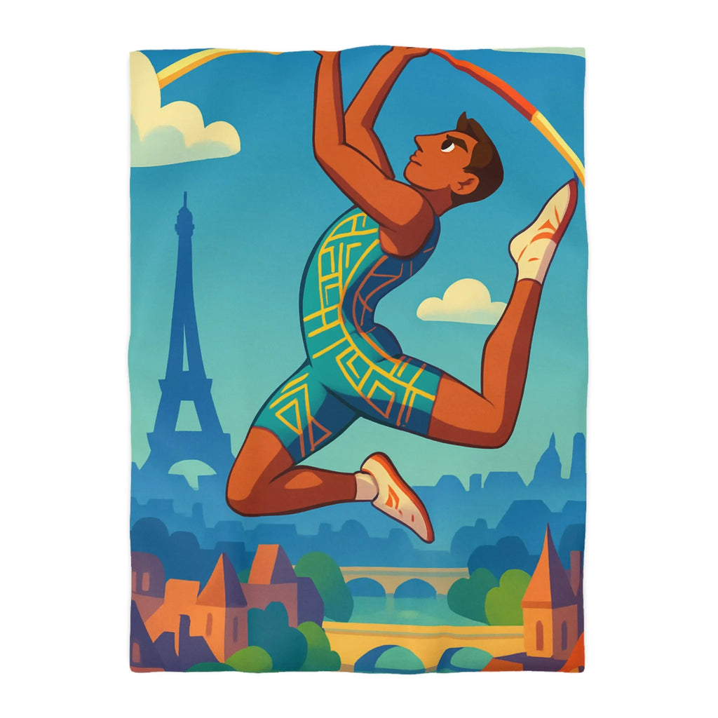 Housse de couette athlète sautant en ville avec ciel bleu et monuments célèbres