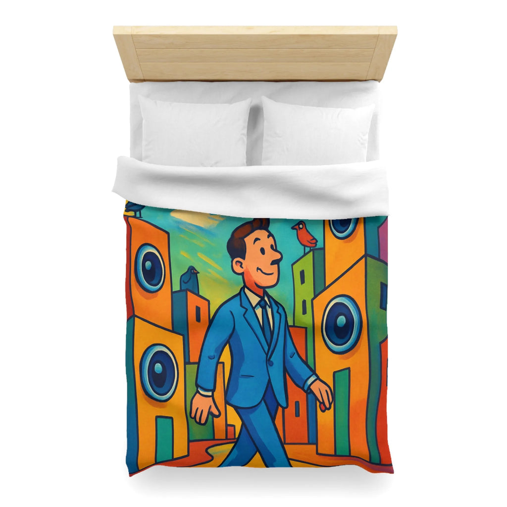 Housse de couette colorée avec homme stylisé marchant dans un paysage urbain coloré